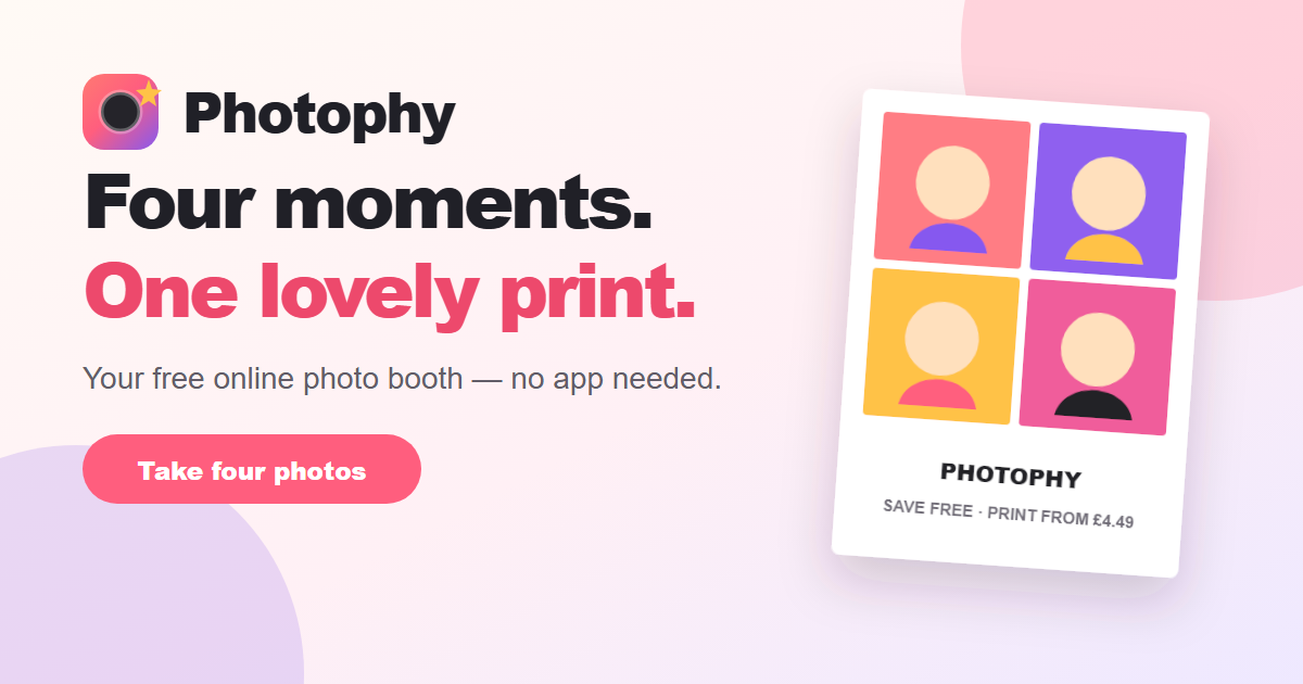 I built a free browser photo booth that turns four shots into a 4×4 print